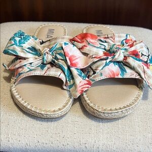 MIA Floral Bow Espadrille Slides - Beige with Teal & Coral - NWOT!